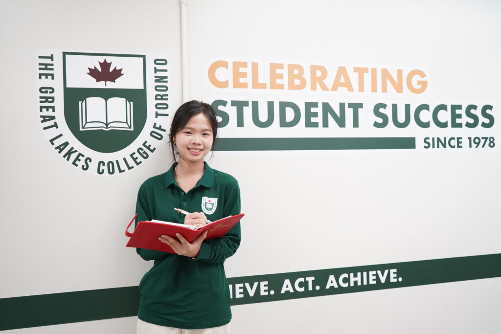 International student inside a private high school hallway in Toronto, Canada.