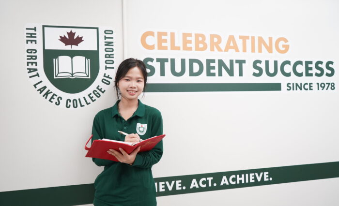 International student inside a private high school hallway in Toronto, Canada.
